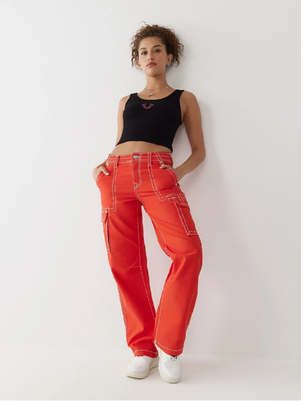 True Religion Red Cargo Pants with White Stitching